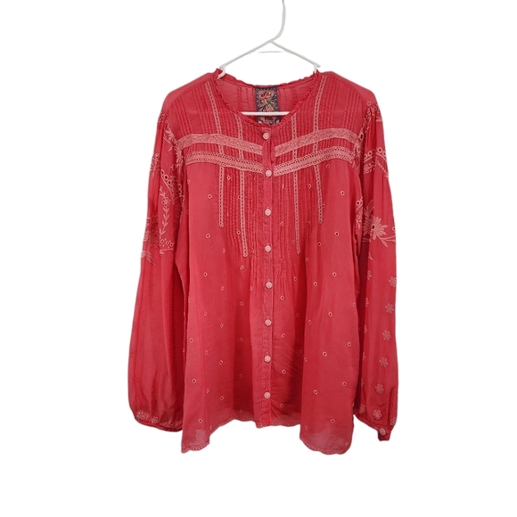 Johnny Was Women's Helia Pink Eyelet Embroidered Pintucks Button Down Blouse - Picture 2 of 9